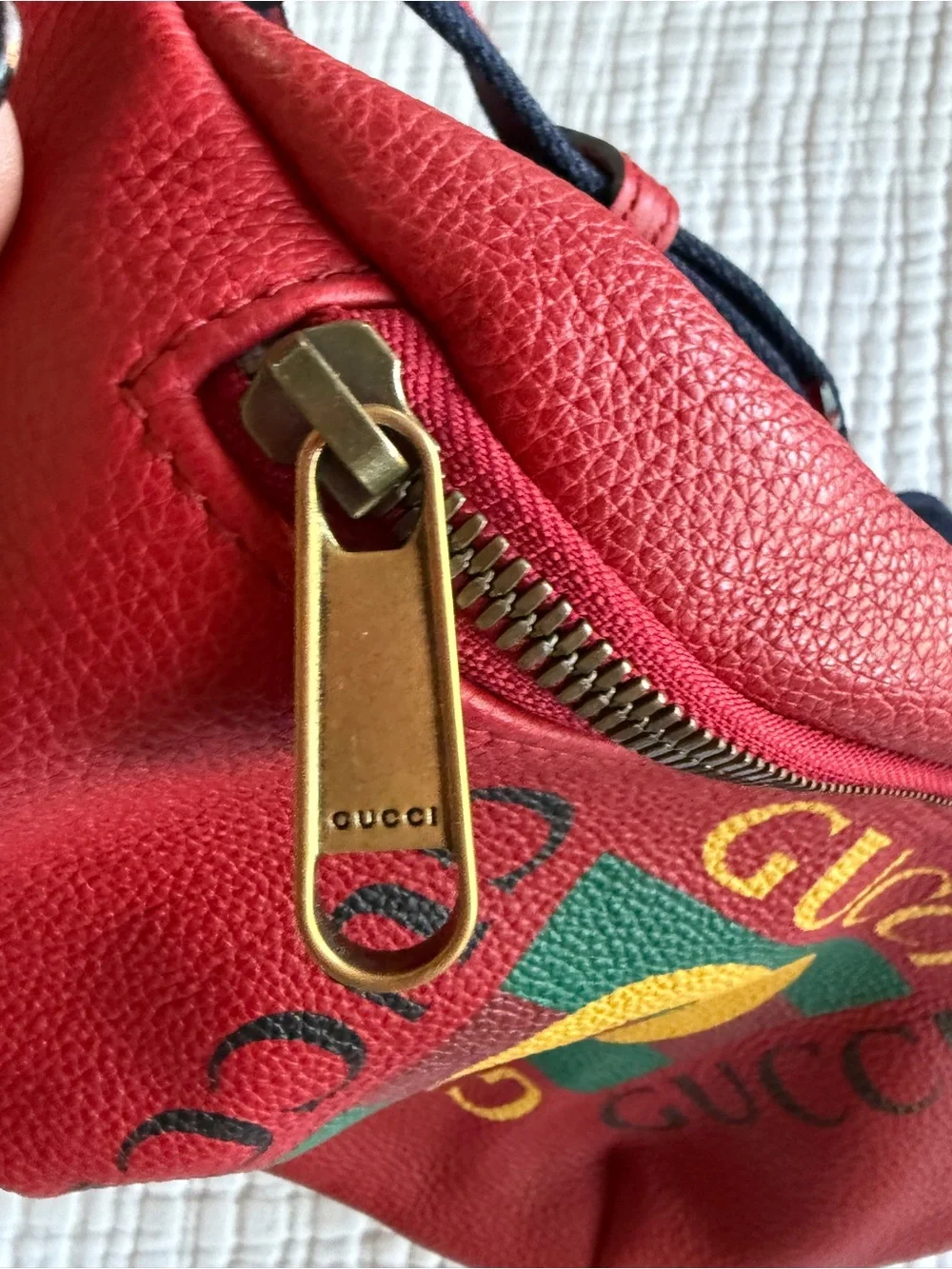 Gucci Red Leather Belt Bag with Green and Gold Logo